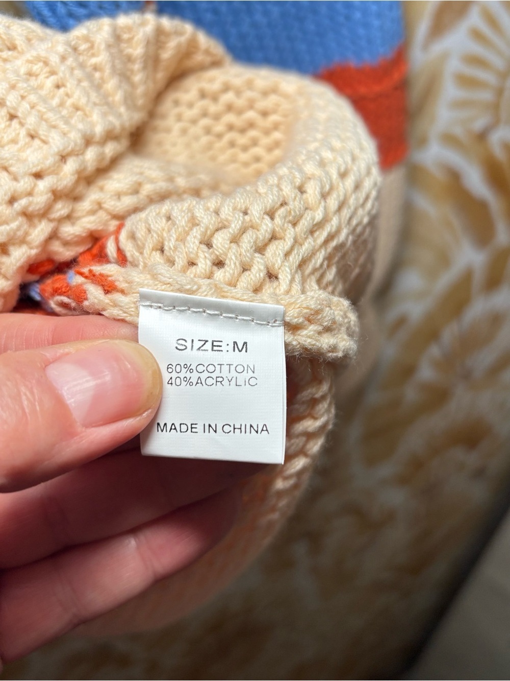 Colorblock Striped Chunky Knit Sweater | Blue Cream Rust V-Neck Boho Cozy - Picture 3 of 10